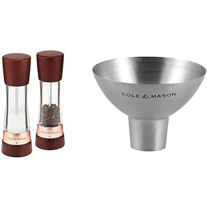 Bundle of Cole & Mason Derwent Chestnut Rose Gold Salt and Pepper Mills, Adjustable Grind, Stained Beech/Acrylic, 190mm + Cole & Mason Dover Stainless Steel Funnel, Salt & Pepper Refill Tool
