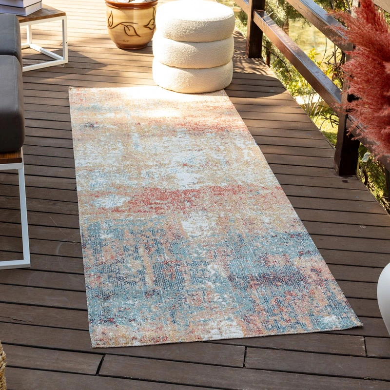 Livabliss Mijek Indoor Outdoor Rug - Boho Runner Rugs for Living Room 80x150 cm Dining, Hallway Carpet, Patterned Neutral and Coloured Rugs, Waterproof, Stain Durable - Rust and Blue