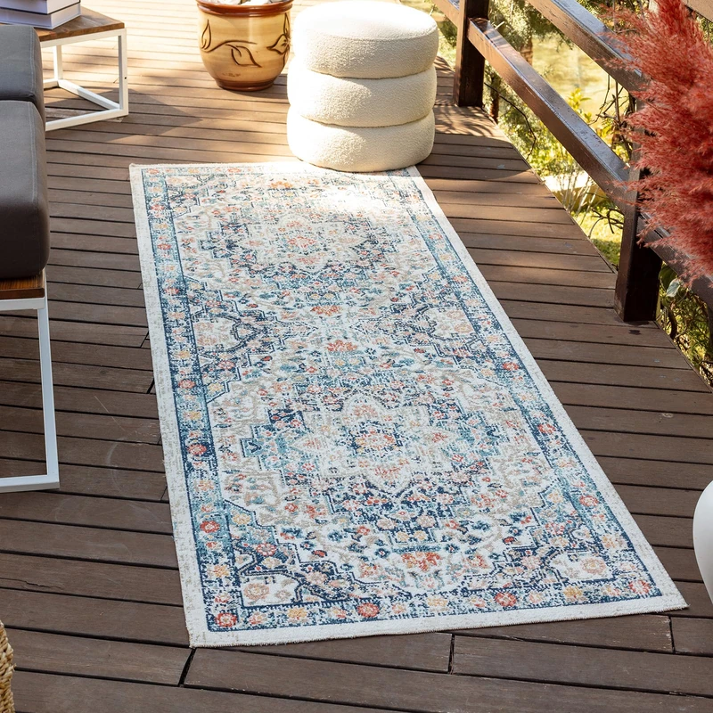 Livabliss Assa Indoor Outdoor Rug - Large Boho Rug for Living Room 80x220cm, Dining, Kitchen Rug - Vintage Patterned Neutral & Coloured Rugs, Waterproof, Stain Durable, Blue, Beige, Rust Rug