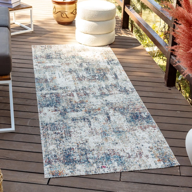 Livabliss Asward Indoor Outdoor Rug - Boho Runner Rugs for Living Room 80x220 cm Dining, Hallway Carpet, Patterned Neutral & Coloured Rugs, Waterproof, Stain Durable - Beige and Blue