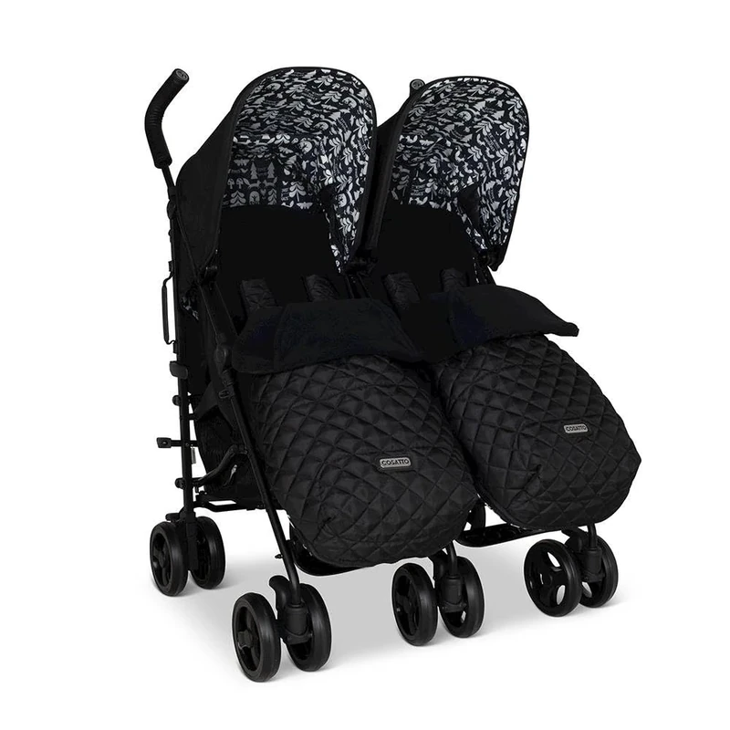 Cosatto Supa Dupa Double Stroller – Pushchair from Birth 0-25kg, Lightweight, Compact Fold, with Footmuffs, Cup Holder & Raincovers (Black Silhouette)