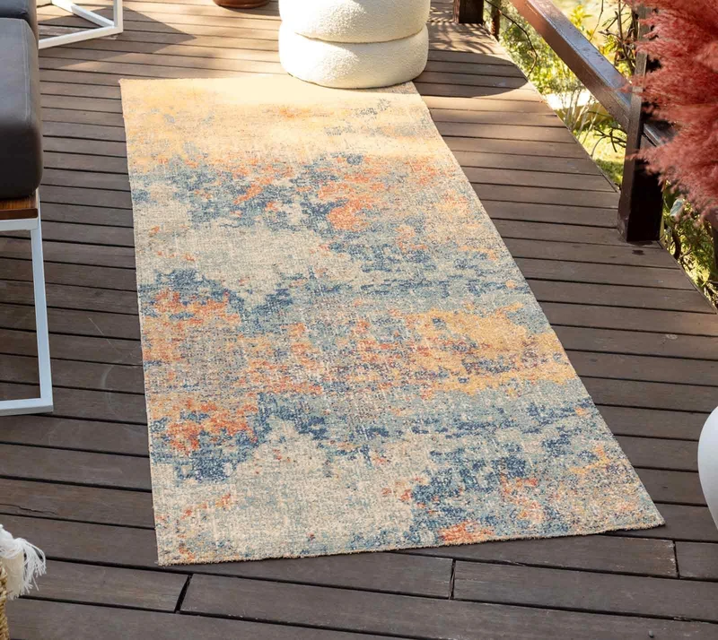 Livabliss Tichia Indoor Outdoor Rug - Boho Runner Rugs for Living Room 80x220 cm Dining, Hallway Carpet, Patterned Neutral & Coloured Rugs, Waterproof, Stain Durable - Orange and Blue