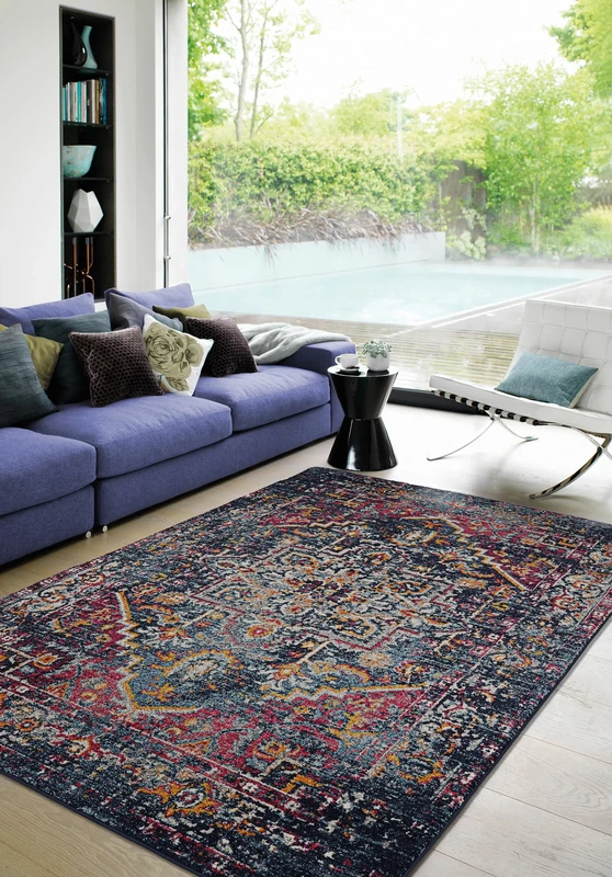 Asiatic Edits Low Pile Vintage Navy Indoor Rug for Living room, Bedroom, Conservatory, Hallway, Large Area, Easy to Clean, Area Rugs - Non Shedding 160x230cm