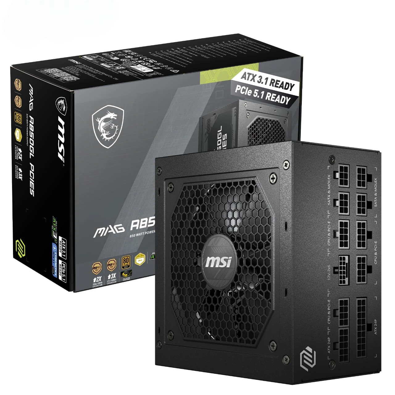 MSI MAG A850GL PCIE5 Power Supply Unit, 850W, 80 Plus Gold, Fully Modular, ATX 3.0, PCIe 5.0 GPU Support, Black Flat Cables, 7 Year Warranty