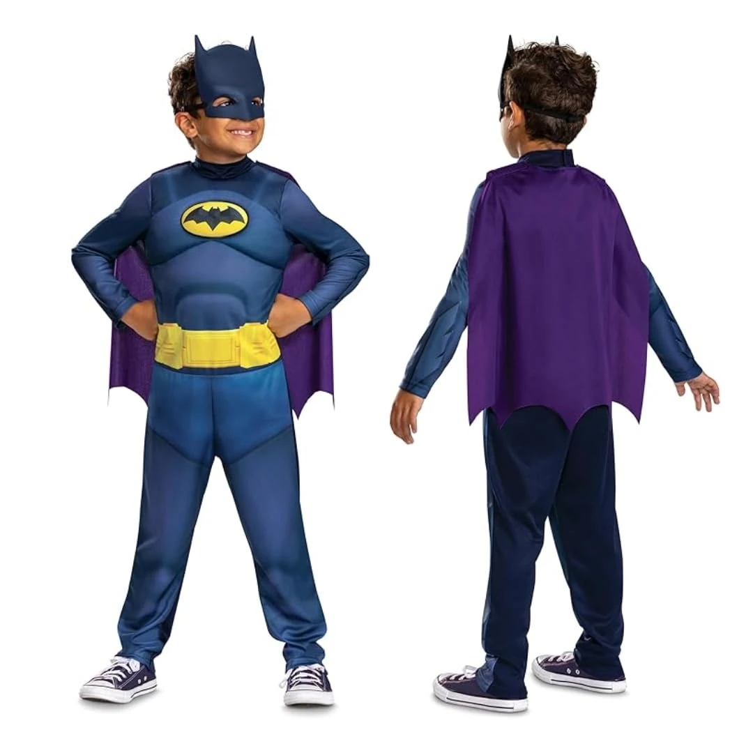 Disguise Batwheels Batman Costume for Kids, Officially Licensed Costume, Features Signature Dark Blue Padded Chest with Bat Emblem, Includes Purple Cape and Half Mask, Ages 3-4