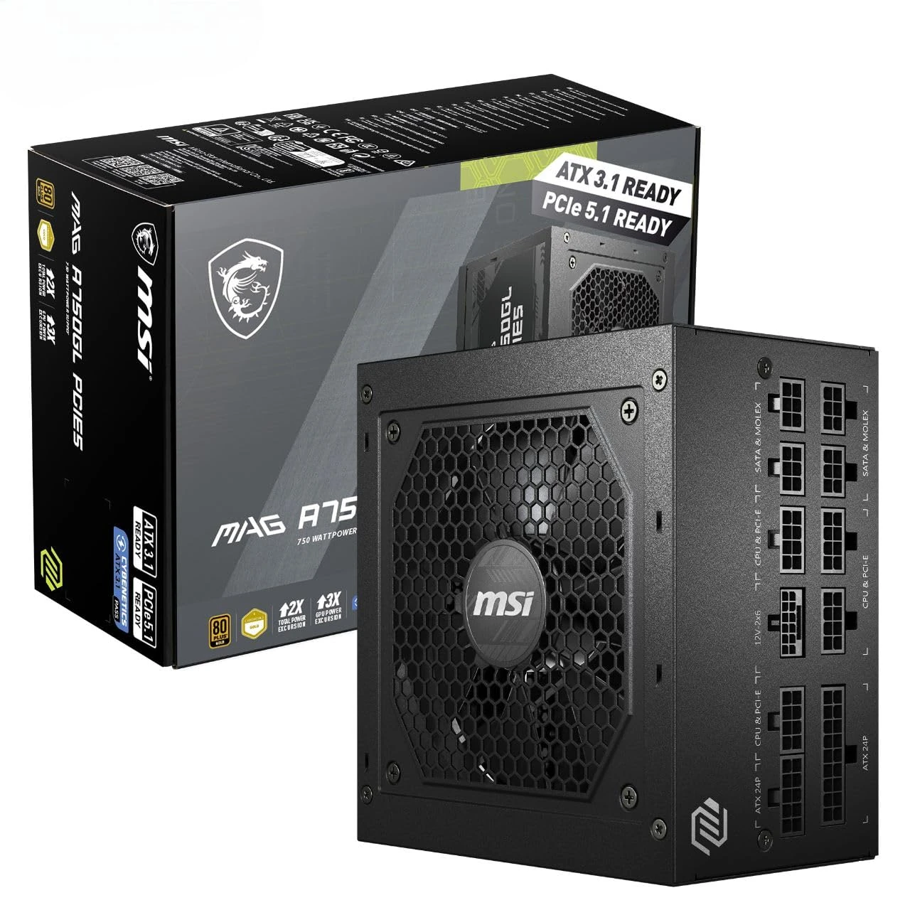 MSI MAG A750GL PCIE5 Power Supply Unit, 750W, 80 Plus Gold, Fully Modular, ATX 3.0, PCIe 5.0 GPU Support, Black Flat Cables, 7 Year Warranty