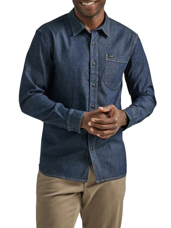 Lee Men's Extreme Motion All Purpose Long Sleeve Work Shirt Button, Denim Rinse Wash, XL