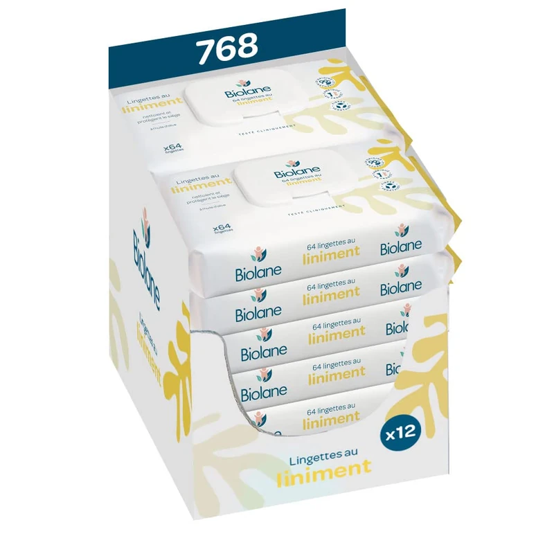 BIOLANE - Baby wipes with oleo limestone liniment - 768 baby wipes for changing - Pack of 12 packs of 64 wipes - From birth