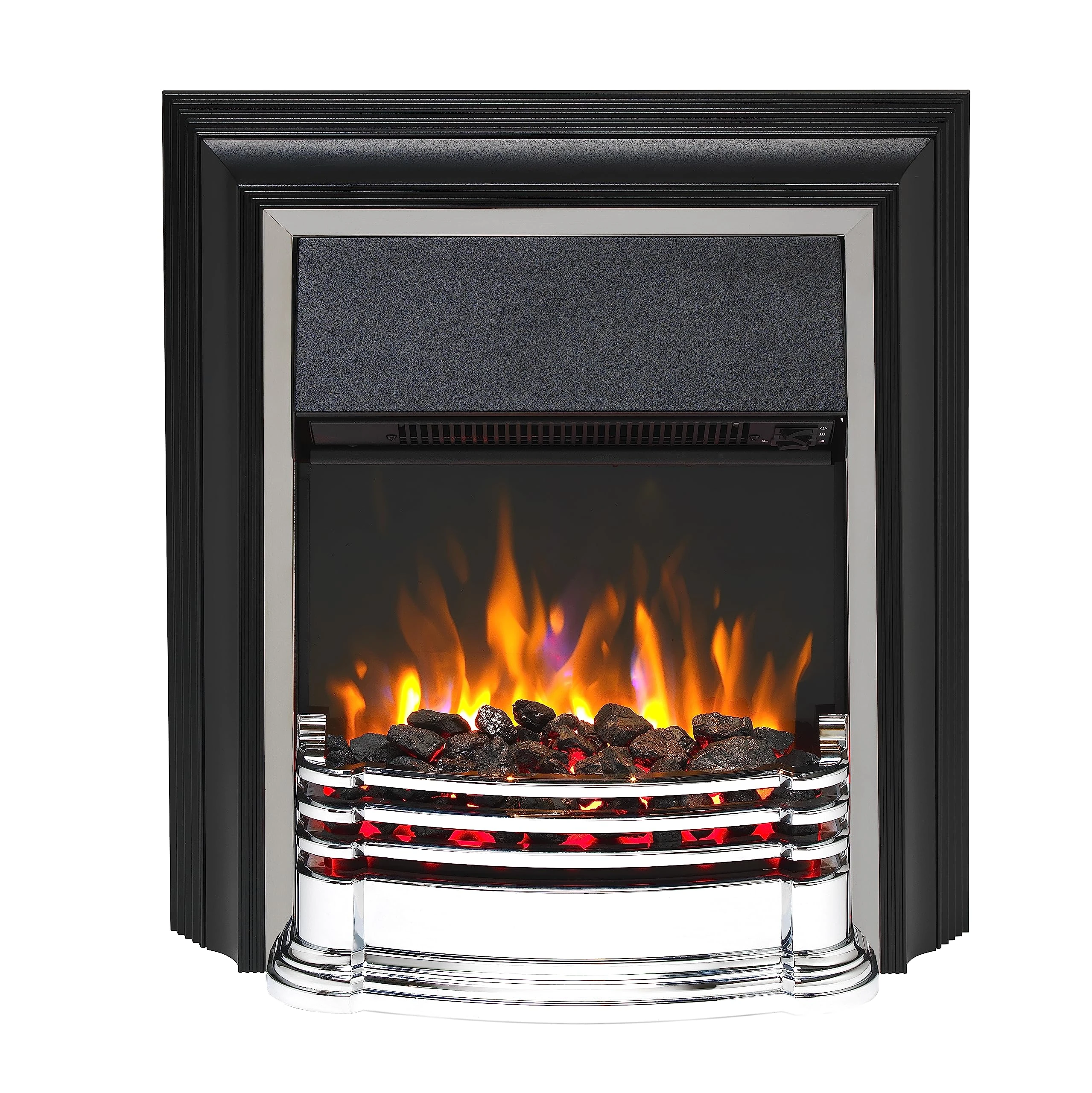 Dimplex Detroit Deluxe Optiflame Freestanding Fire, Chrome Electric Fireplace with LED Flame Effect, Variable Flame Brightness, Real Coal or White Pebbles, 2kW Fan Heater and 1000/2000 Watt Settings