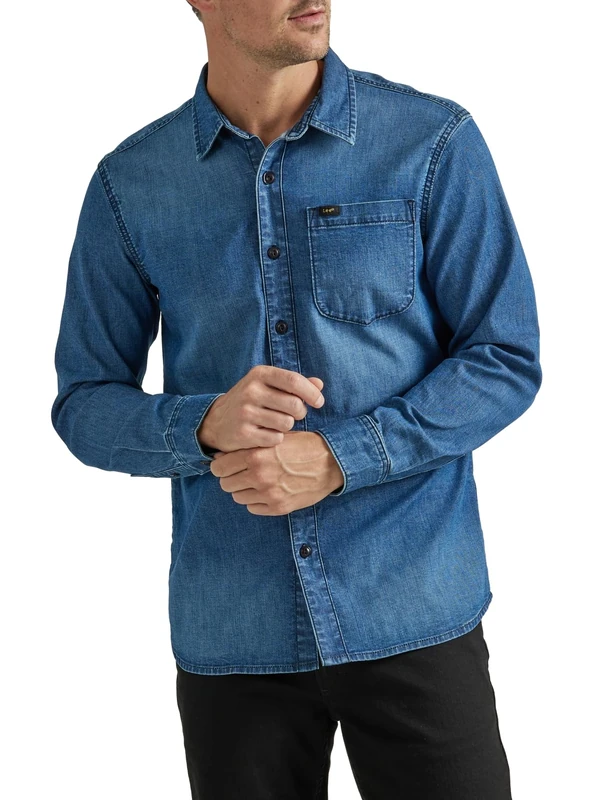 Lee Men's Extreme Motion All Purpose Long Sleeve Worker Shirt, Denim Medium Wash Indigo, 34/36