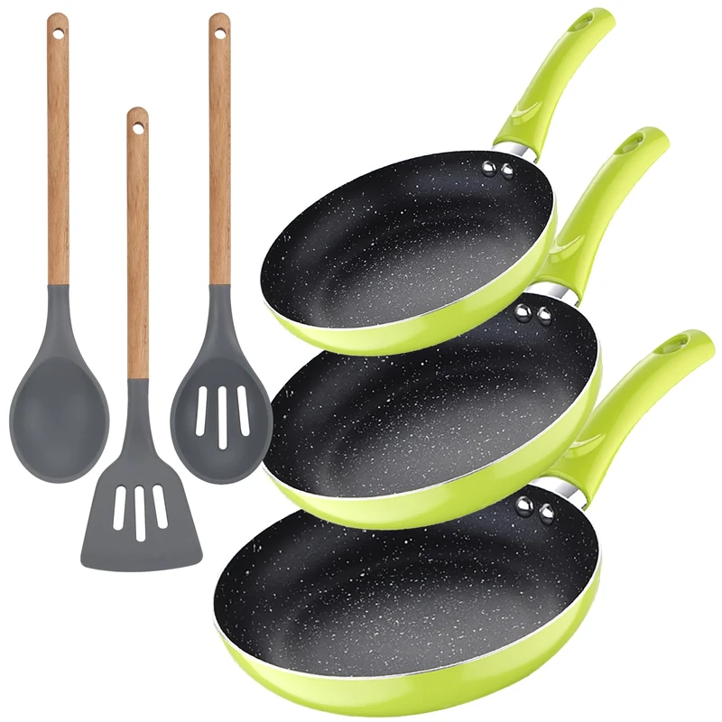 San Ignacio Set of 3 Frying Pans (20 + 24 + 28 cm) Green Pressed Aluminium with Set of 3 Kitchen Utensils Silicone Wood