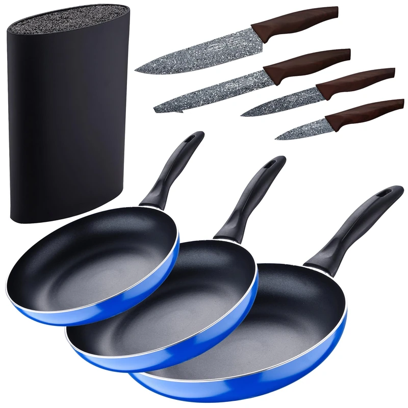 Set 3pc Frying Pan (16+20+24cm) Pressed Aluminum, Induction, Navy Paradise Blue with Set 4pc Stainless Steel Knives with Tacoma/Knife Block