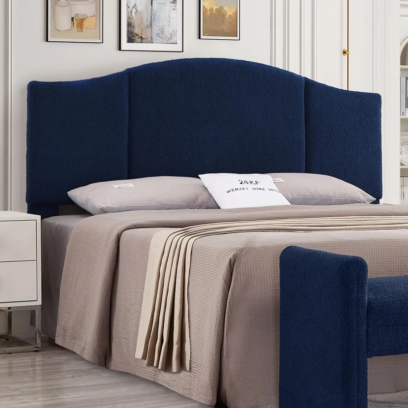 24KF Middle Century Upholstered Foldable King Headboard, Modern Boucle Teddy Fabric Headboard King/California King, 6033-K-Navy