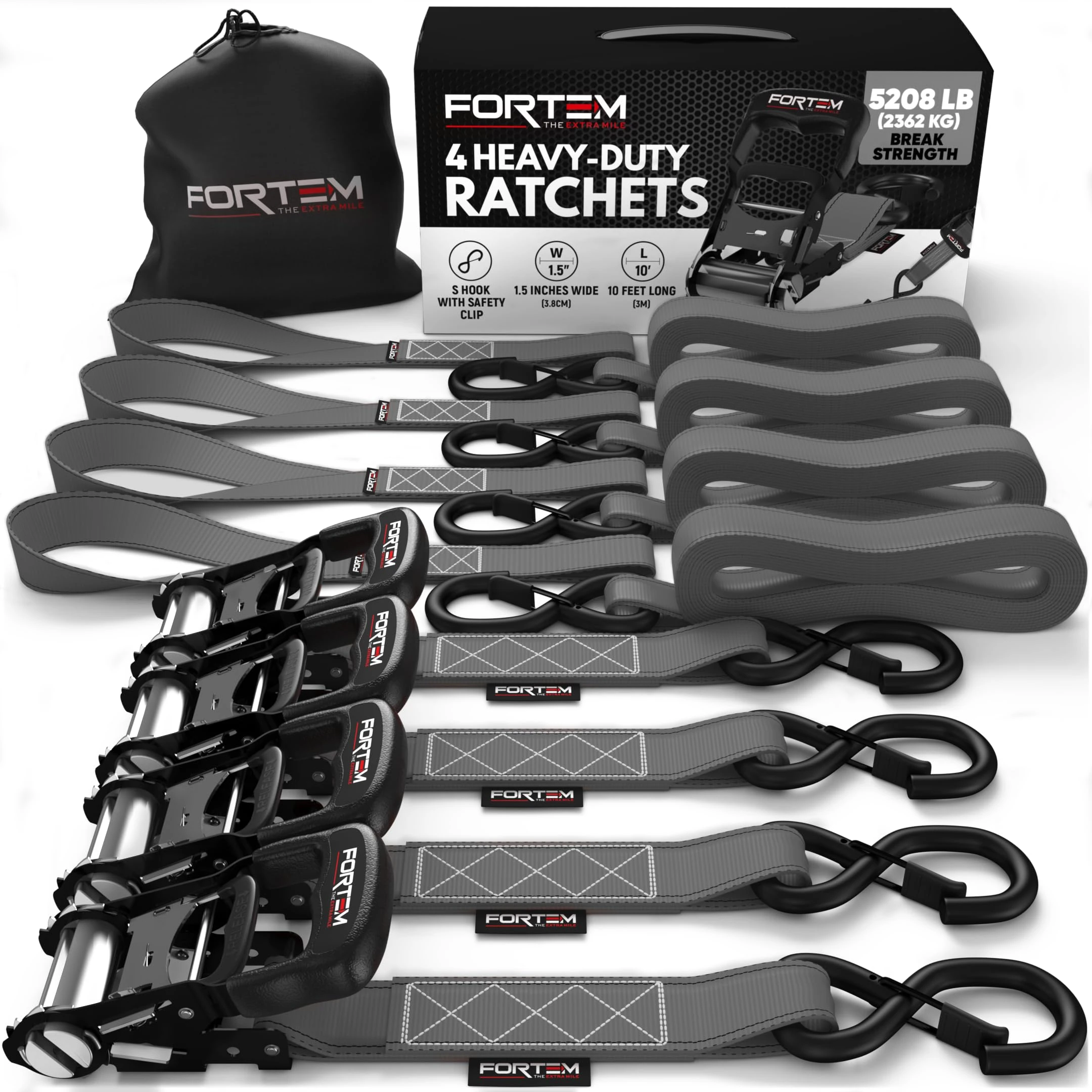 FORTEM Ratchet Tie Down Straps, 2362kg Break Strength, (4) 3.04 Meter Heavy Duty Straps, (4) Soft Loops, Rubber Coated Metal Handles, Safety S Lock Hooks, Carrying Bag