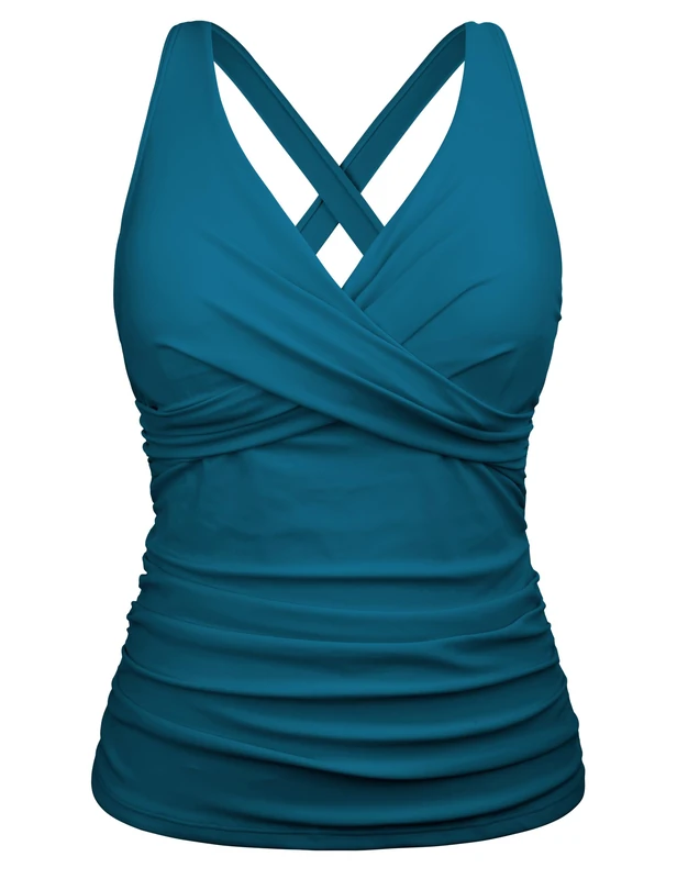 Firpearl Women Underwire Tankini Top Only Twist V Neck Swimsuits for Big Busted Ruched Tummy Control Bathing Suits Top, Blue Coral, 12