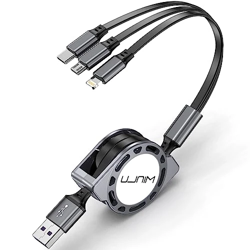 Minlu Multi Charging Cable 2Pack 5 in 1 Retractable Lightning Charger Cable 60W Fast Charging & Data Sync Retractable Charging Cord with IP/Type C/USB A Port (Pink)