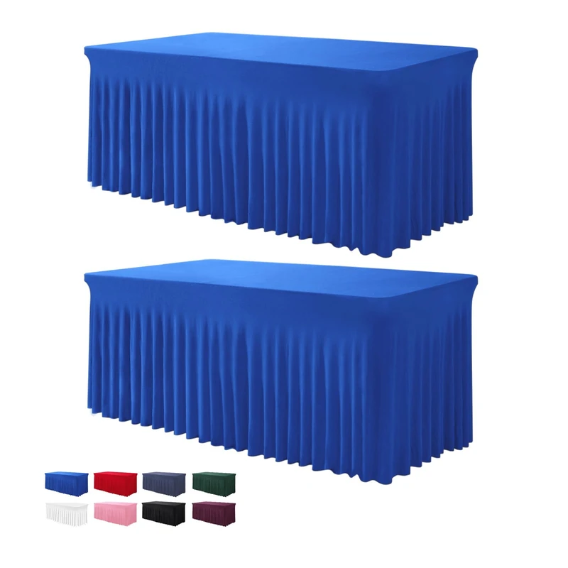 BDDC Table Skirts for Rectangle Tables 8ft - 2 Pack One-Piece Royal Blue Tablecloths and Skirt, Wrinkle Resistant Ruffles Elastic Cover for Banquets, Weddings, Events, Parties