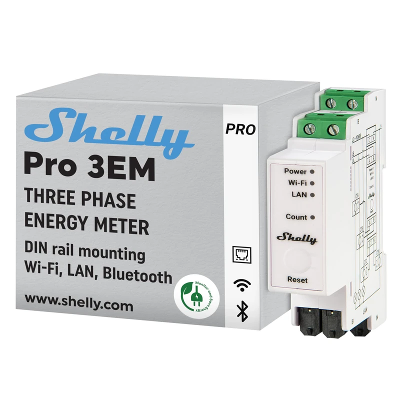 Shelly Pro 3EM (400A) - WiFi & LAN 3-phase Smart Energy Meter, DIN-rail mountable, Real-time Voltage Amps Monitoring via App, No Hub Required, Solar/Net Metering, Class B Active Energy, PV systems