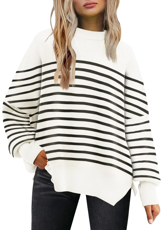 LILLUSORY Women's Oversized Batwing Sweaters 2025 Fall Outfits Trendy Crewneck Knit Side Slit Fashion Pullover Tops, Stripe White, L