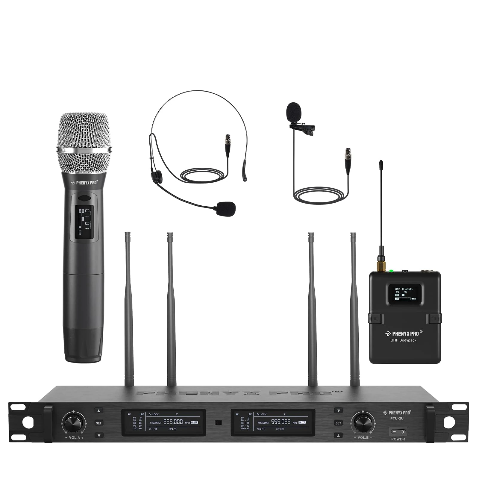 Phenyx Pro Wireless Microphone System, True Diversity Dual Cordless Microphone Set w/UHF Handheld/Bodypack/Headset/Lapel Mics, Auto Scan, 2x1000 Channels for Stage & Studio (PTU-2U-1H1B)