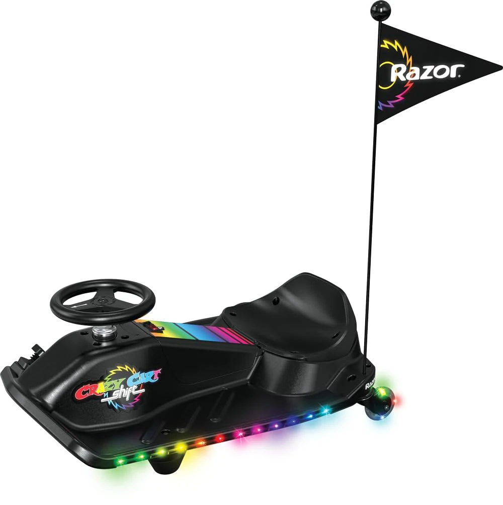Crazy Cart Shift Lightshow-Drifting Go-Kart for Kids by Razor, Multi-Colour LED Lights, Power Core Hub Motor, Variable-Speed Foot Pedal Accelerator, Rechargeable Battery, Top Speed Control Switch