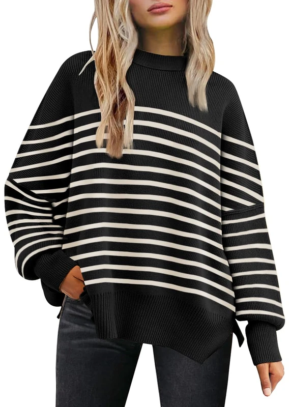 LILLUSORY Women's Oversized Batwing Sweaters 2024 Fall Outfits Crewneck Ribbed Knit Side Slit Trendy Pullover Tops, Stripe Black, M