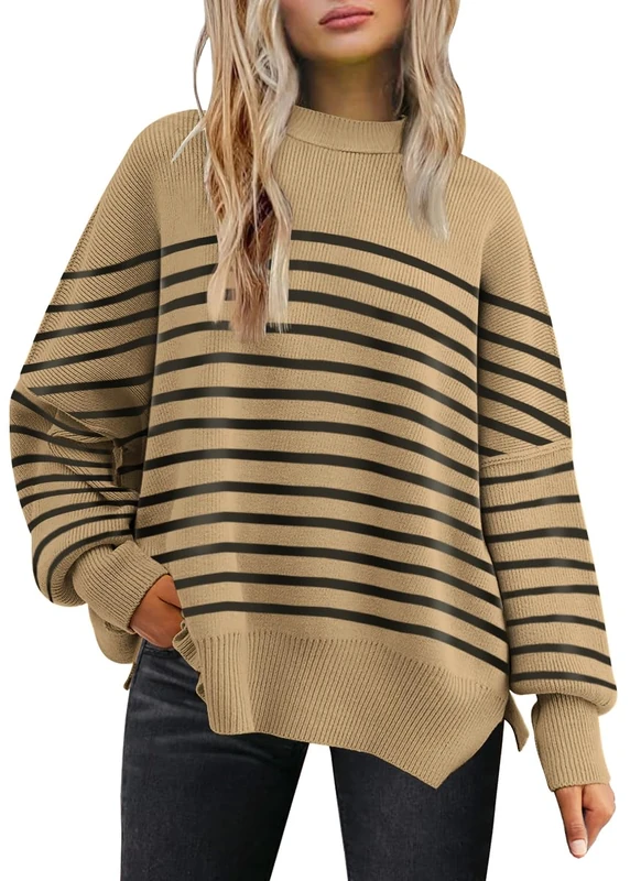 LILLUSORY Women's Crewneck Batwing Long Sleeve Sweater 2023 Fall Oversized Ribbed Knit Side Slit Pullover Top, Stripe Khaki, M