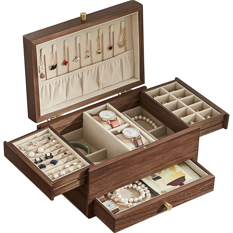 CHOSIN Black Walnut Wooden Jewelry Box for Women, 3 Level Multi-functional Drawer Organizer Box Watch Necklace Ring Earring Storage Valentine's Day Gifts