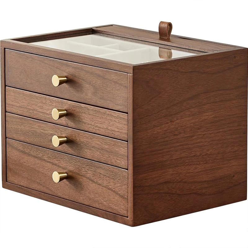 CHOSIN Black Walnut Wooden Jewelry Box for Women, Wood Jewelry Organizer 4 Layer with Glass Lid and Pull-out Necklace Storage Layer, for Watch Necklace Ring Earring Storage Valentine's Day Gifts