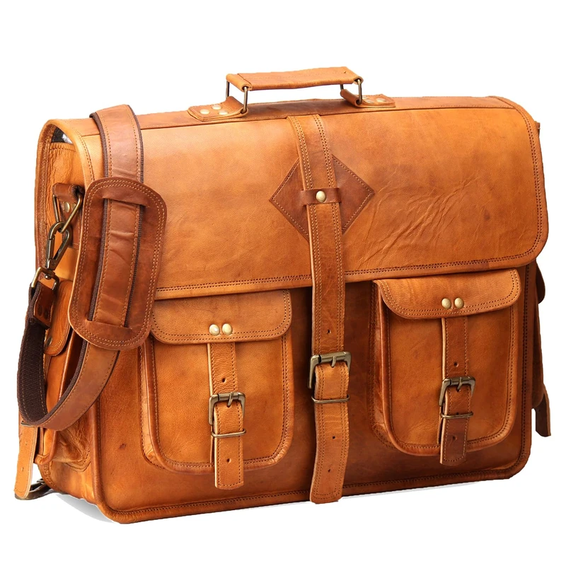 HULSH Vintage Leather Laptop Bag for Men Full Grain Large Leather Messenger bag for men 18 inches with rustic look Brown briefcase, Tan, L, Vintage - Image 1