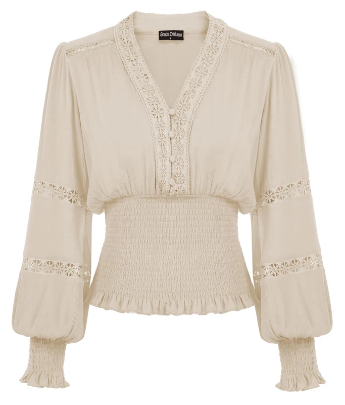 Scarlet Darkness Women's Renaissance Peasant Blouse V Neck Lantern Sleeve Lace Smocked Tops, Beige, XL