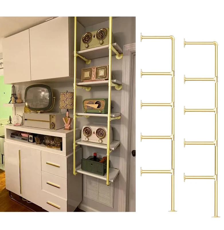 Gold Industrial Wall Mount Iron Pipe Shelf Bracket, DIY Open Bookshelf,Storage Shelves, Ceiling Hung Shelves for Home Kitchen Bathroom Living Room Office(2PcsX5Tier,70" Tall,12" deep,Hardware Only)