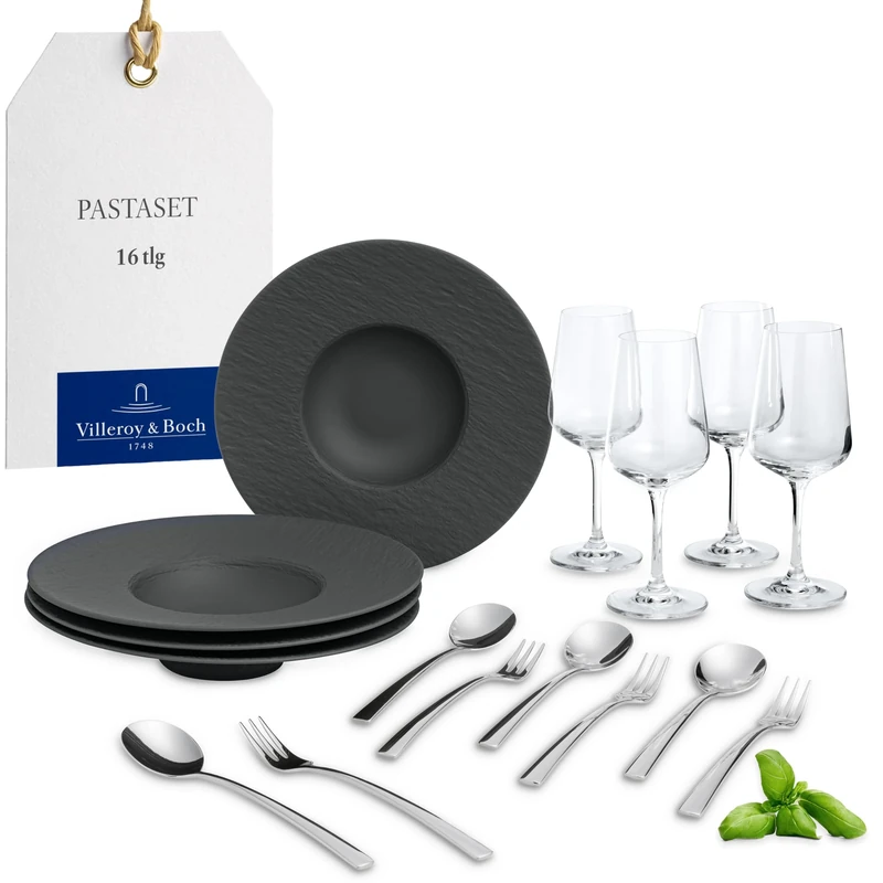 Villeroy & Boch - Tableware Set for Pasta and Wine Lovers, 12 pces., matt Black Slate Look, dinnerware for 4 People