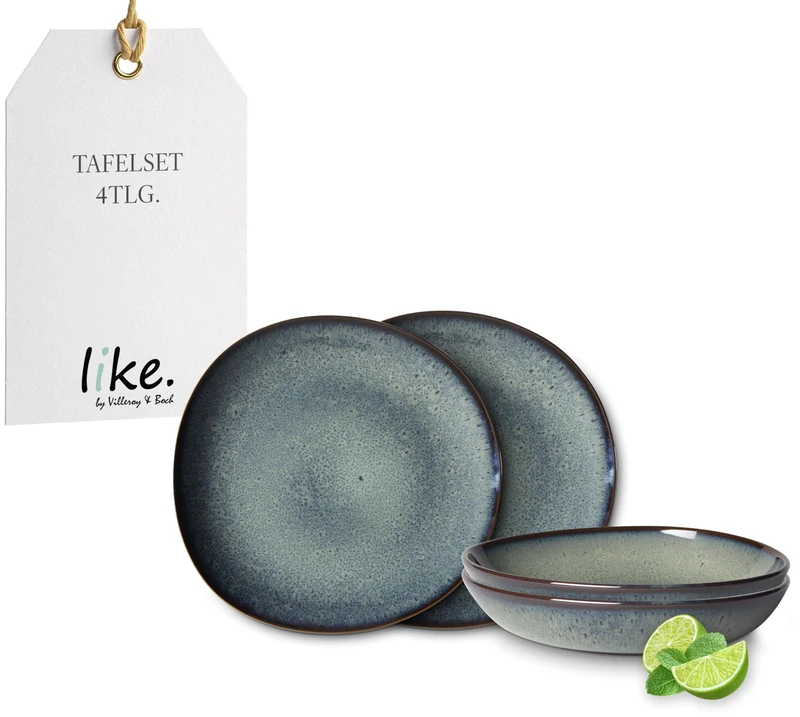 like. by Villeroy & Boch - Lave earthenware tableware set, 4 pces., pottery look, dinnerware for 2 people, grey