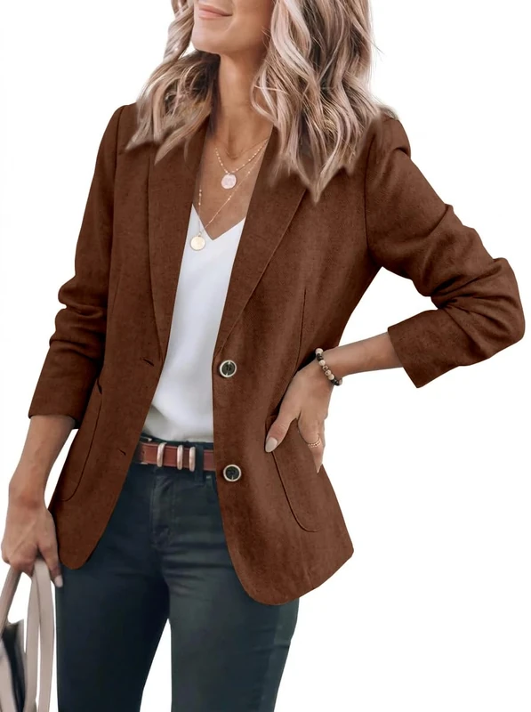 IDEALSANXUN Cotton Linen Blazer for Womens Long Sleeve Loose Casual Blazer Jackets, Brown, XXL