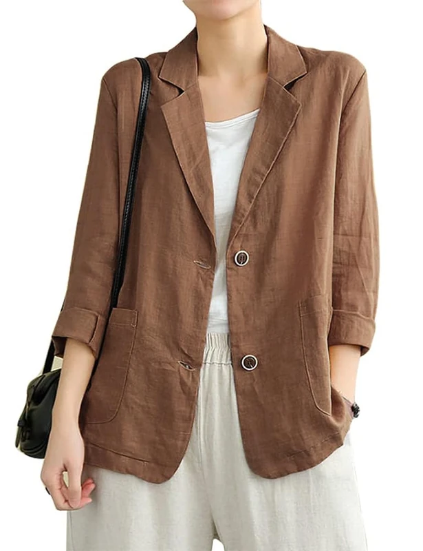 IDEALSANXUN Cotton Linen Blazer for Womens Long Sleeve Loose Casual Blazer Jackets, Brown, M