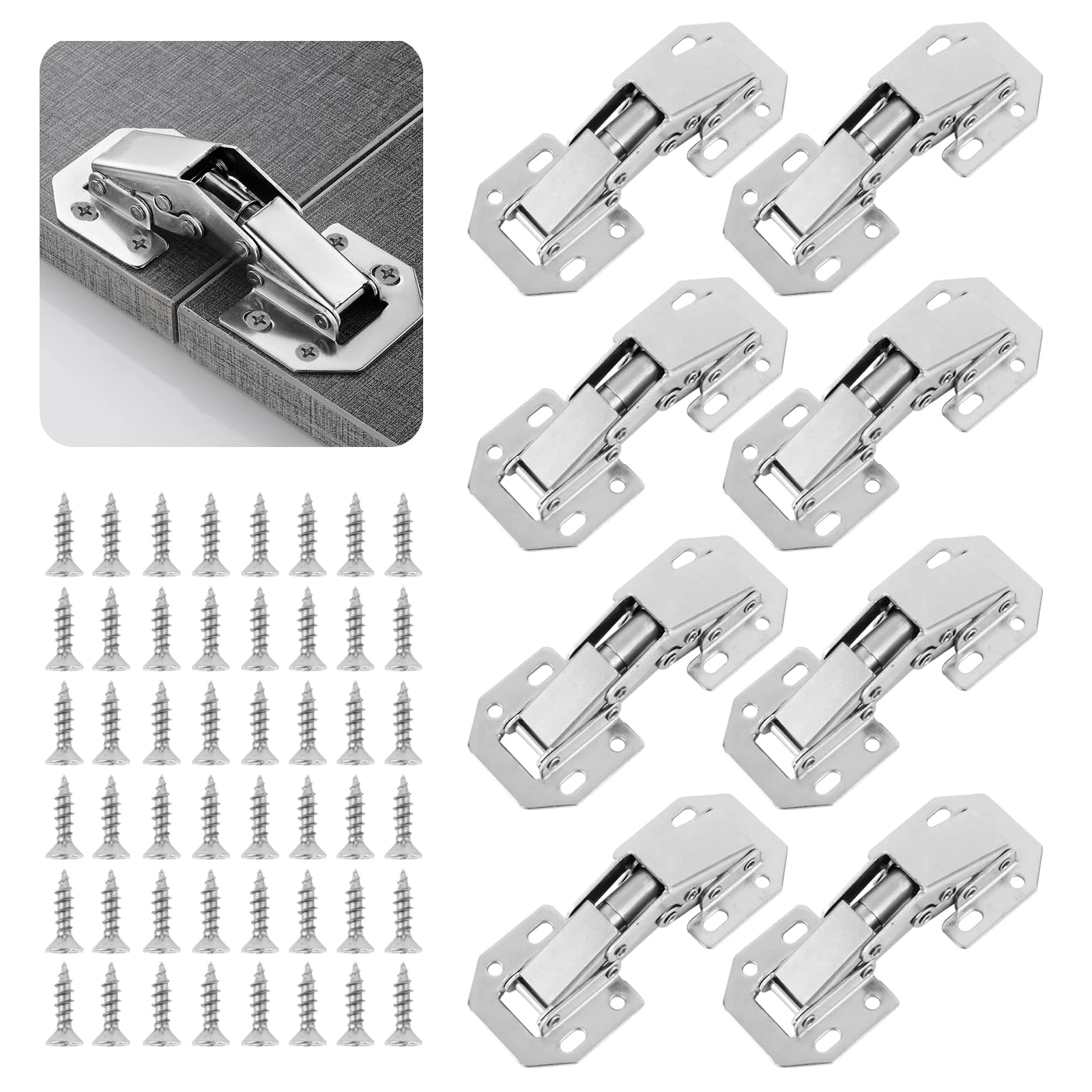 Pack of 8 Cabinet Hinges Kitchen Cupboard Hinge, Bedroom Wardrobe Door Hinges for Bathroom Bedroom Dining Room Full Overlay Mute Hydraulic Soft Close (48Pcs Screws)