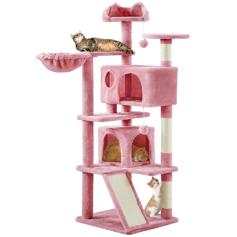Yaheetech Cat Tree, 144.5cm Multi-level Cats Climbing Tower w/Sisal Scratching Posts/2 Condos＆Dangling Balls,Kitten Activity Centre Pet Play House, Pink
