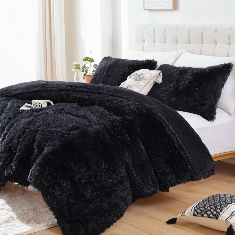 Smoofy Fluffy Twin Comforter Set, Faux Fur Comforter Set, Luxury Fuzzy Twin Bedding Set, Soft Shaggy Bed Set for All Season, 2 Pieces - 1 Comforter & 1 Pillowcase, Black