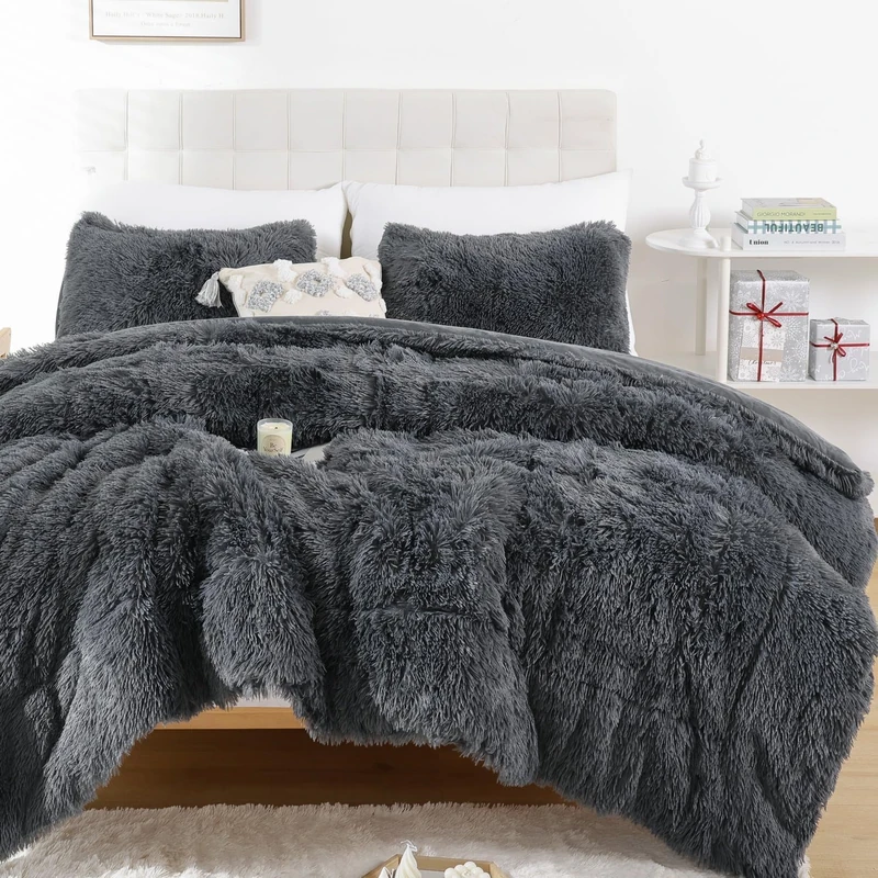 Smoofy Fluffy Full Size Comforter Set, Faux Fur Comforter Set, Luxury Fuzzy Bedding Set, Soft Shaggy Full Bed Set for All Season, 3 Pieces - 1 Comforter & 2 Pillowcases, Dark Grey