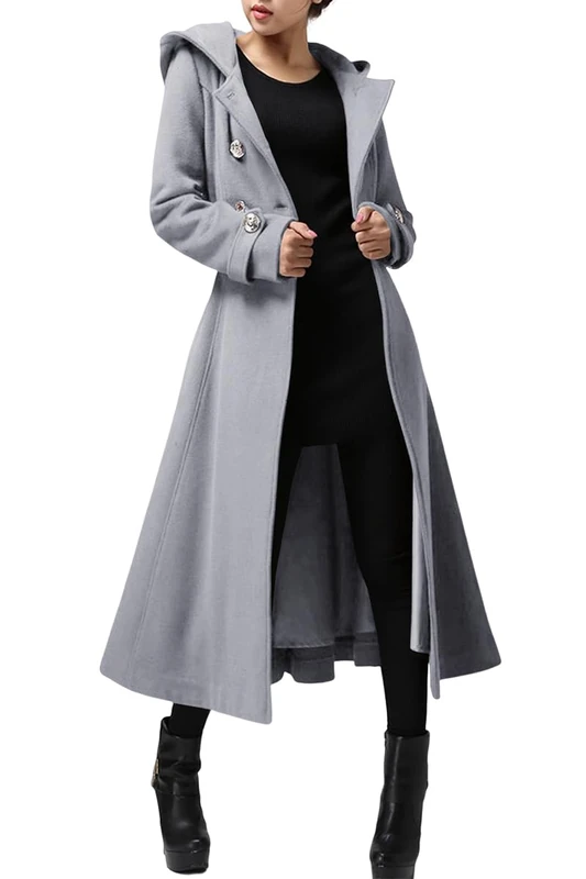 Cicy Bell Womens Long Double-Breasted Hooded Coat Winter Warm Wool Trench Coat with Belts, Grey, X-Large