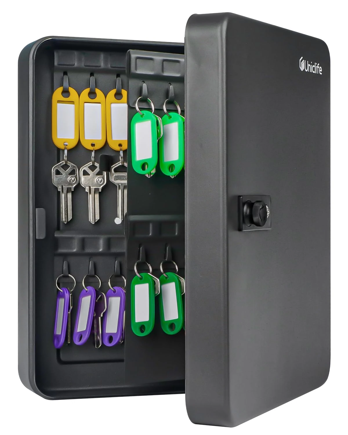 Uniclife 60 Position Key Cabinet with Combination Lock Resettable Black Digital Security Storage Box Steel Key Organizer with Colorful Key Tag Labels Stickers and Hooks