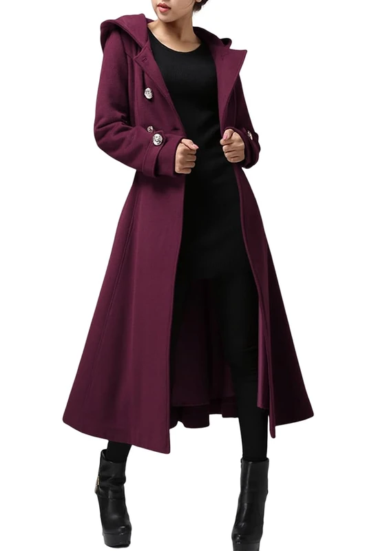 Cicy Bell Womens Long Double-Breasted Hooded Coat Winter Warm Wool Trench Coat with Belts, Burgundy, X-Large