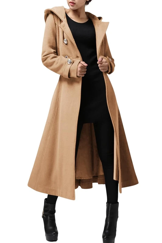 Cicy Bell Womens Long Double-Breasted Hooded Coat Winter Warm Wool Trench Coat with Belts, Camel, S