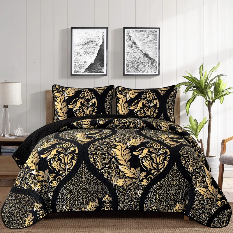 DJY Black Quilt Set Queen Size, Boho Gold Damask Bedspread Coverlet Set Soft Lightweight Microfiber Luxury Bedding Set 3 Pieces for All Season (96"x90")