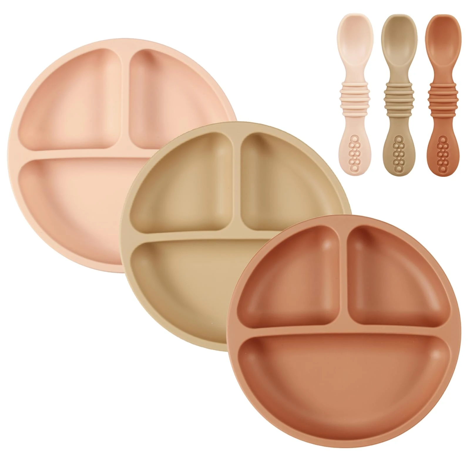PandaEar 3 Pack Toddler Plates with 3 Spoons, 100% Silicone Divided Suction Plate for Babies, BPA-Free, Dishwasher and Microwave Safe -Pink/Brown/Brick red