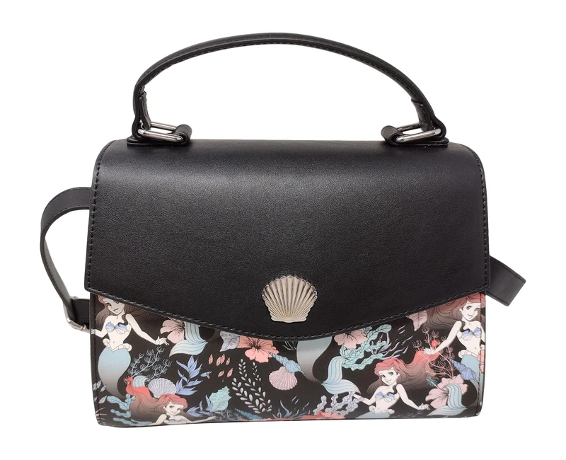 Loungefly Disney The Little Mermaid Ariel Allover Floral Print Crossbody Satchel Handbag Purse, Black, M