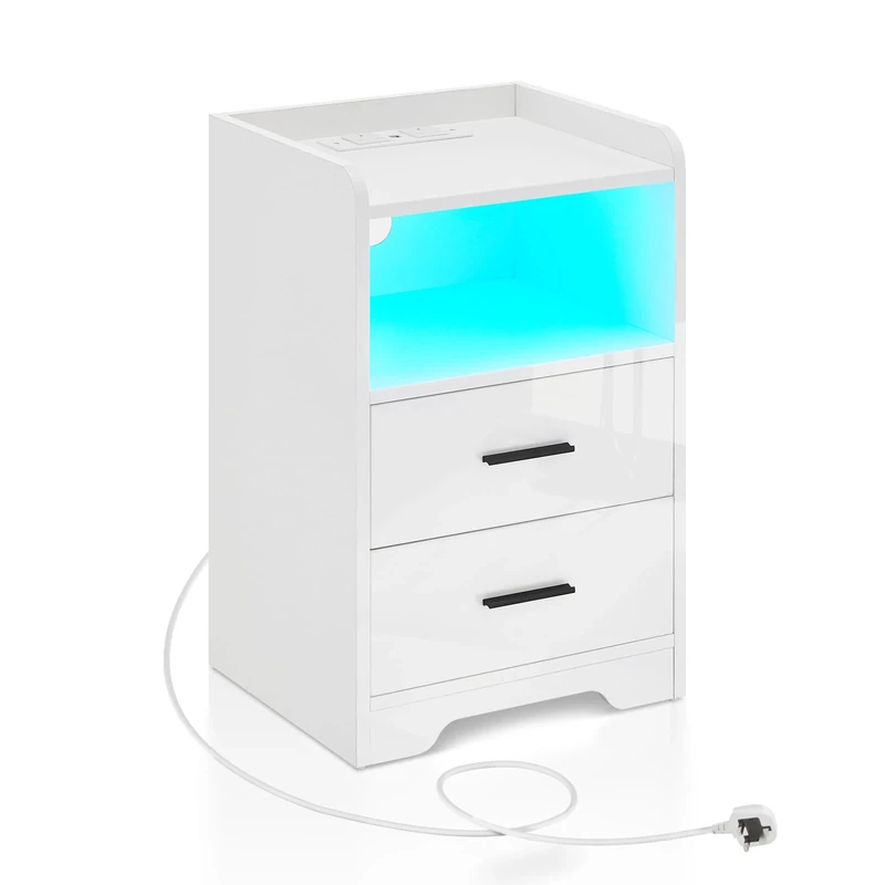 TUKAILAi White Gloss Bedside Table with LED Light, 2 Storage Drawers & Charging Station Nightstand Cabinet Unit with USB Port, Open Storage for Bedroom, Side Table End Table for Living Room