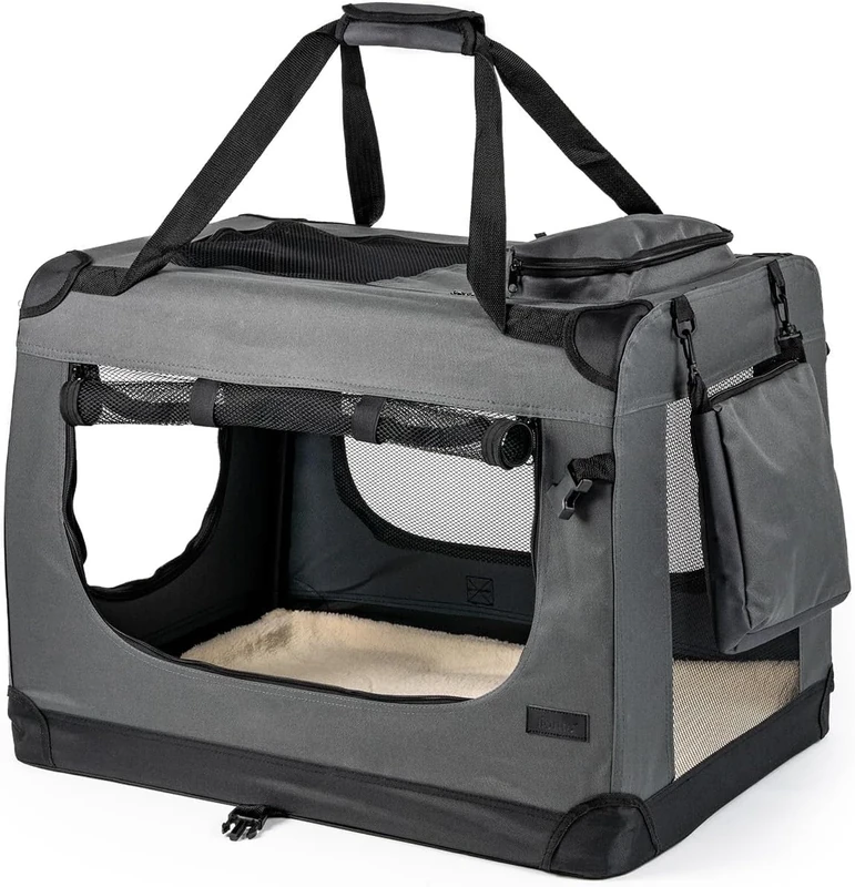 lionto Dog transport box foldable for travel & car, 82x58x58 cm, sturdy transport box with carrying handles & blanket for cats & dogs up to 18 kg, sturdy fabric dog box for small & large, grey
