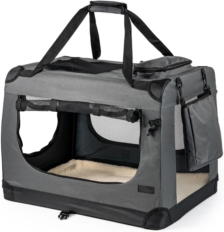 lionto Dog transport box foldable for travel & car, 101x69x70 cm, sturdy transport box with carrying handles & blanket for cats & dogs up to 25 kg, sturdy fabric dog box for small & large, grey